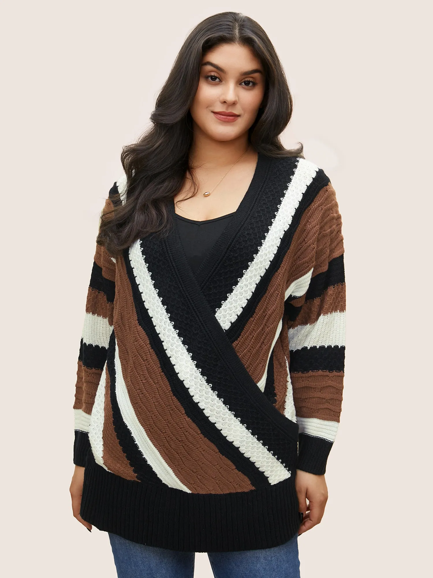 Contrast Colorblock Wrap Deep V Neck Pullover sold by Bloomchic