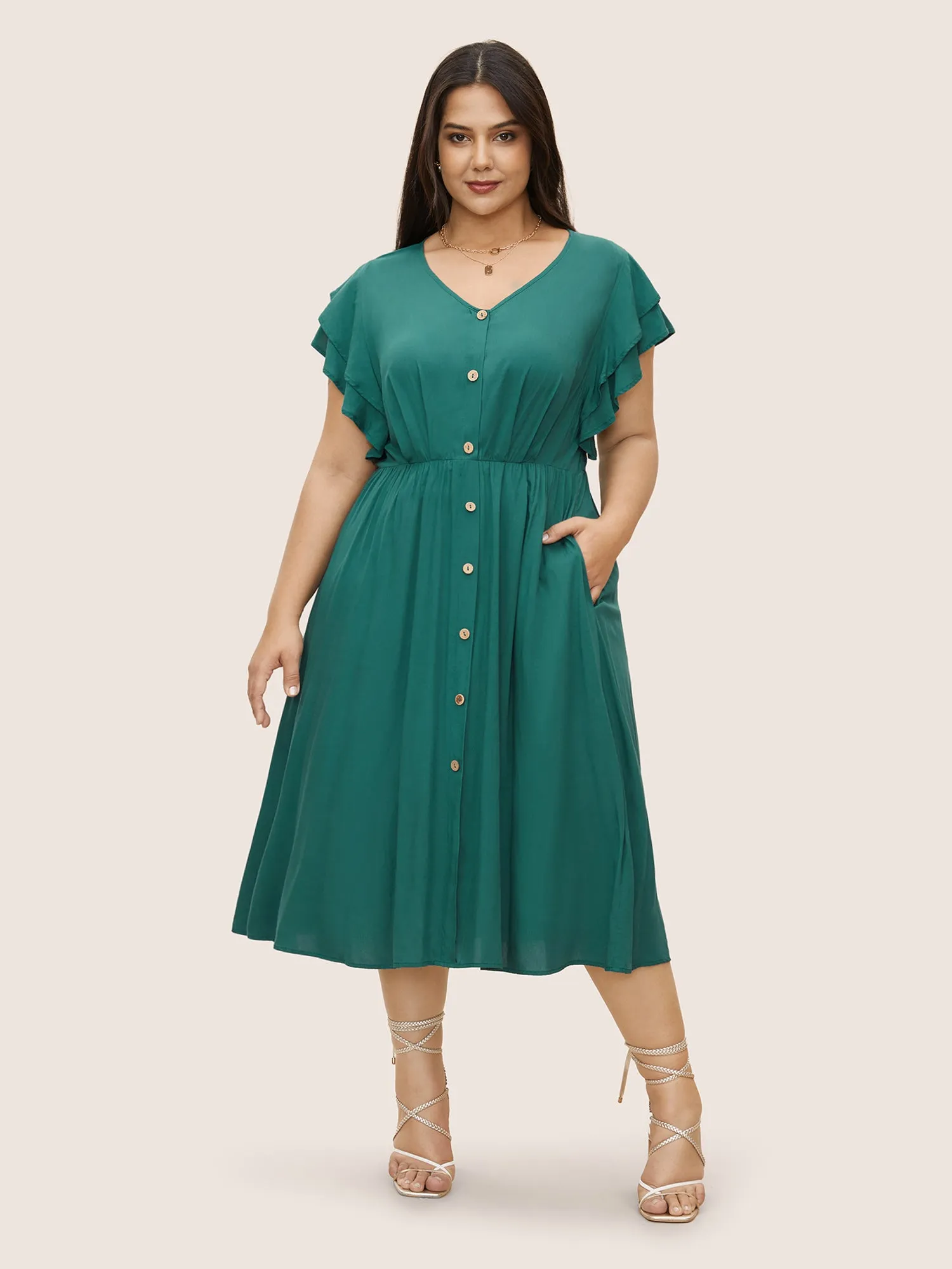 Citrus Solid Tiered Ruffle Cap Sleeve Button Detail Dress sold by Bloomchic