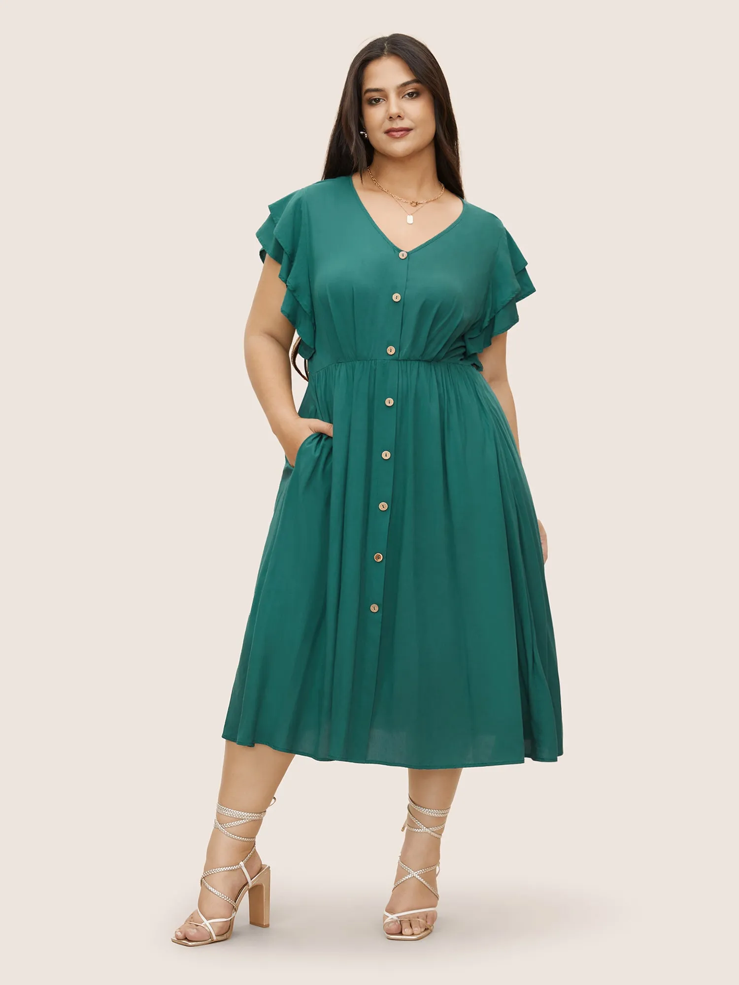 Citrus Solid Tiered Ruffle Cap Sleeve Button Detail Dress sold by Bloomchic product image thumbnail 2