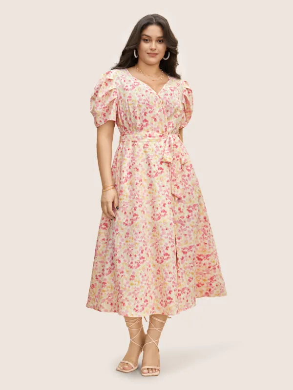 Floral Bishop Sleeve Pleated Split Front Dress sold by Bloomchic