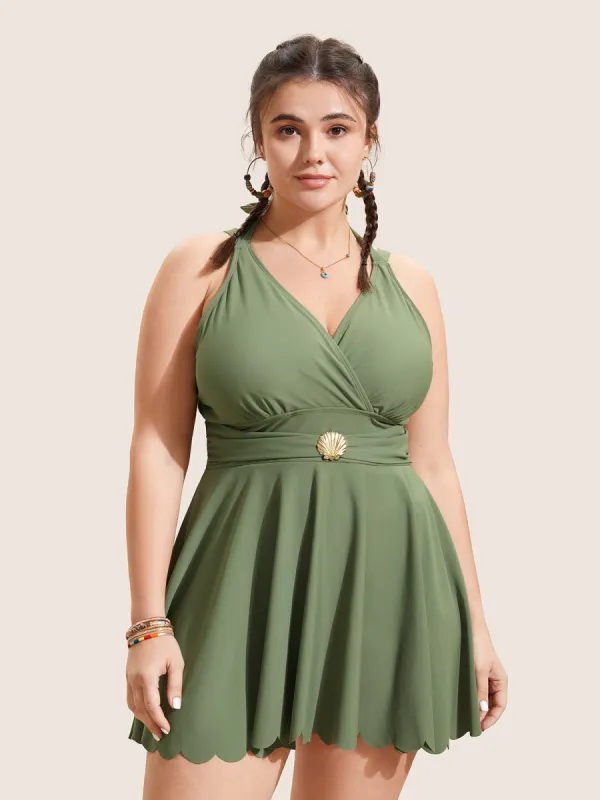 Solid Tie Knot Metal Shell Detail Swim Dress sold by Bloomchic