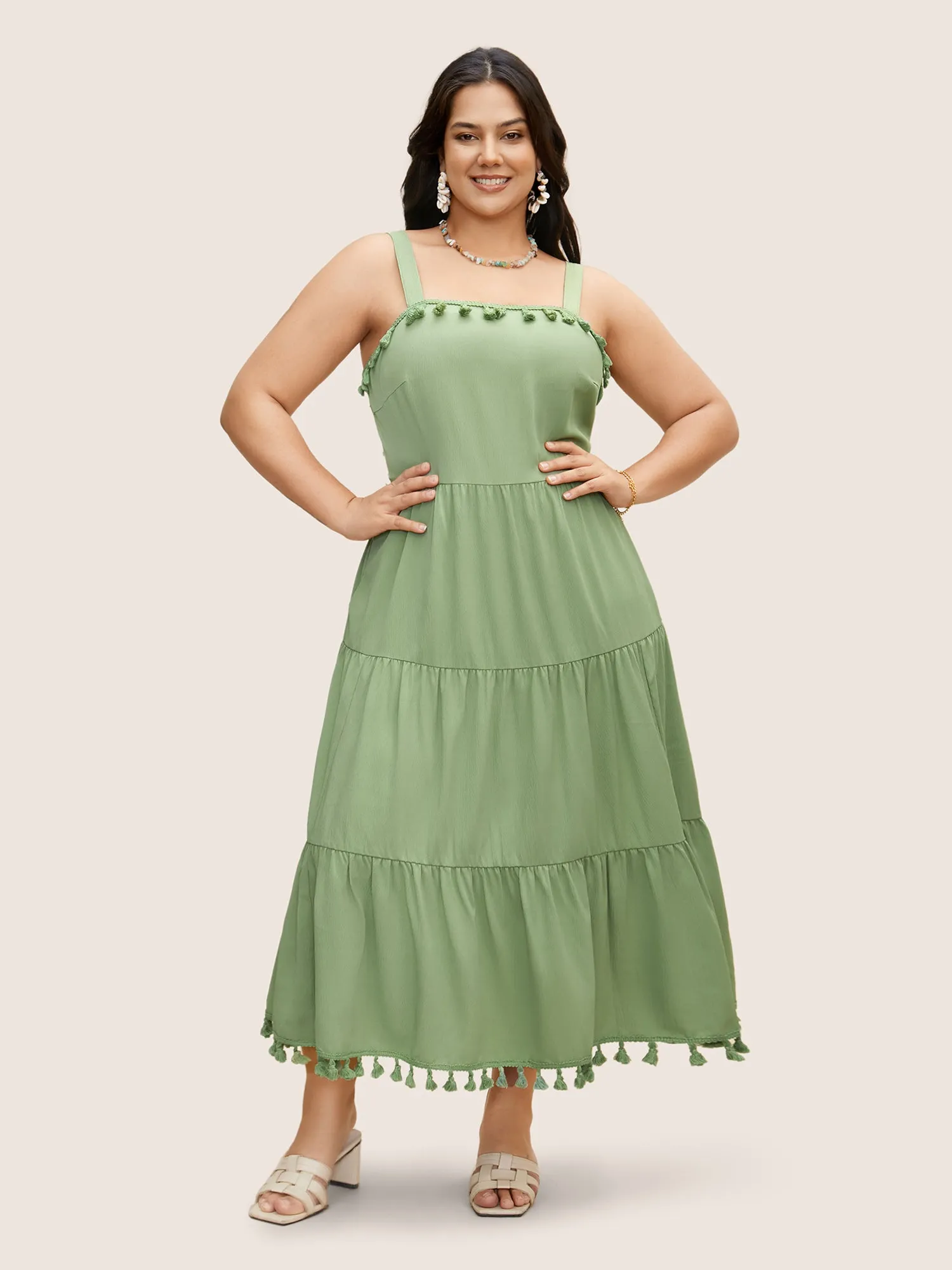 Solid Ruffle Layered Hem Tassel Trim Dress sold by Bloomchic product image thumbnail 3