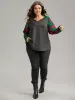 Plaid Contrast Notched Raglan Sleeve T-shirt sold by Bloomchic