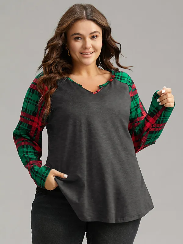 Plaid Contrast Notched Raglan Sleeve T-shirt sold by Bloomchic