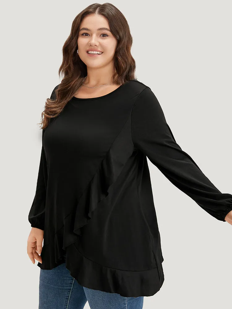 Plain Ruffle Trim Round Neck Lantern Sleeve T-shirt sold by Bloomchic product image thumbnail 4