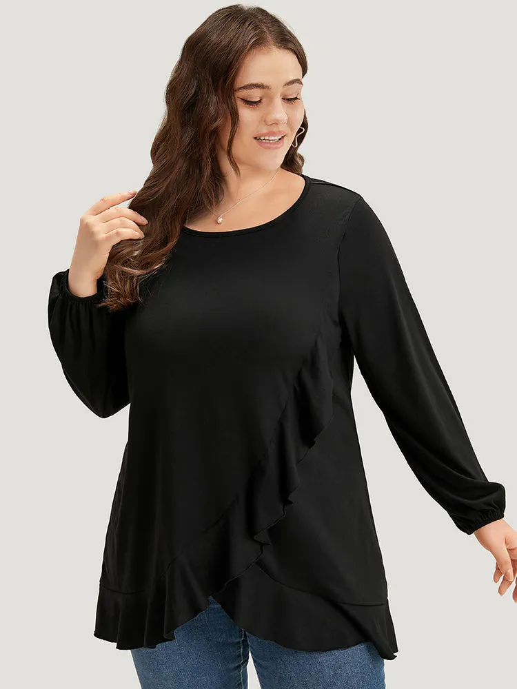 Plain Ruffle Trim Round Neck Lantern Sleeve T-shirt sold by Bloomchic