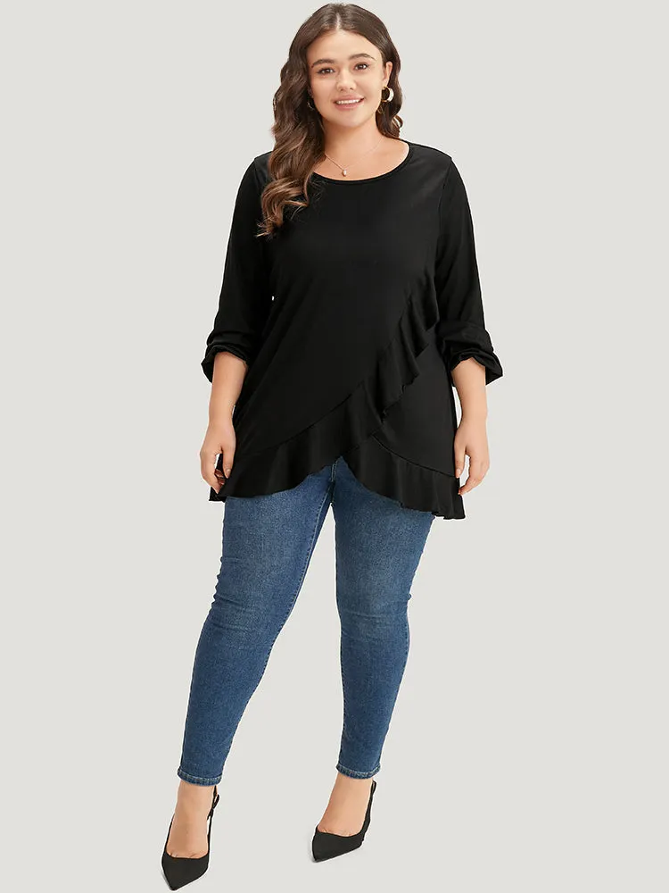 Plain Ruffle Trim Round Neck Lantern Sleeve T-shirt sold by Bloomchic product image thumbnail 5
