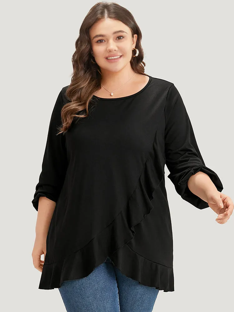 Plain Ruffle Trim Round Neck Lantern Sleeve T-shirt sold by Bloomchic product image thumbnail 2