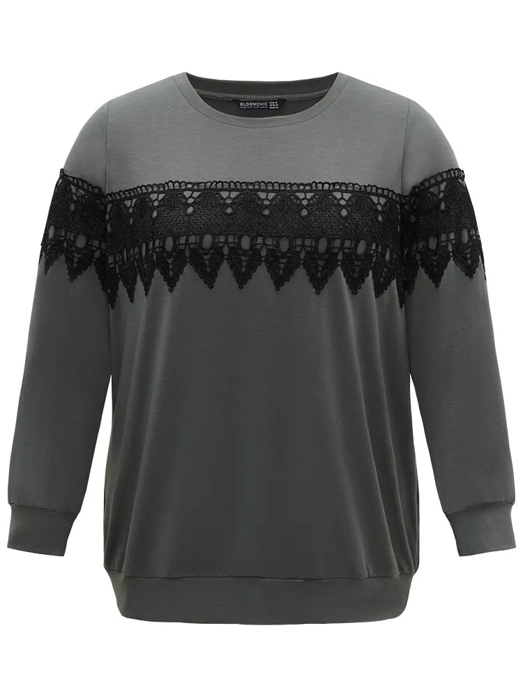 Plain Round Neck Patchwork Lace Panel Sweatshirt sold by Bloomchic product image thumbnail 5