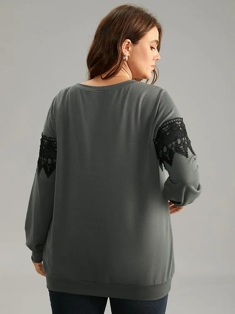 Plain Round Neck Patchwork Lace Panel Sweatshirt sold by Bloomchic product image thumbnail 2