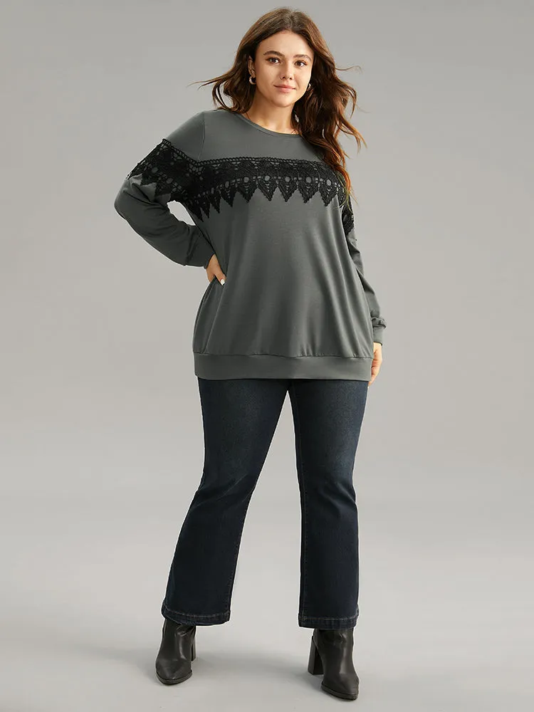 Plain Round Neck Patchwork Lace Panel Sweatshirt sold by Bloomchic product image thumbnail 3