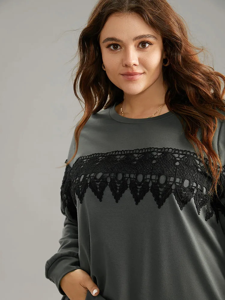 Plain Round Neck Patchwork Lace Panel Sweatshirt sold by Bloomchic product image thumbnail 4