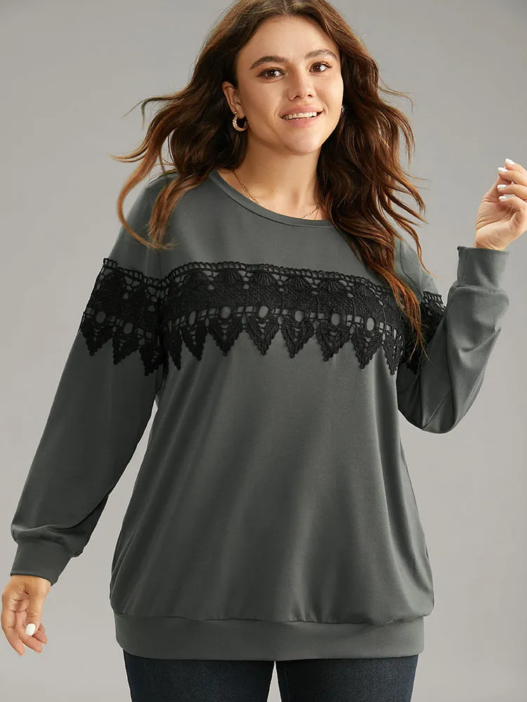 Plain Round Neck Patchwork Lace Panel Sweatshirt sold by Bloomchic