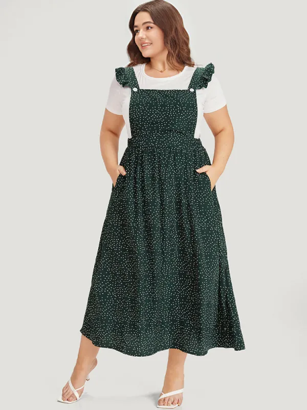 Polka Dot Pocket Flutter Trim Overall Dress sold by Bloomchic