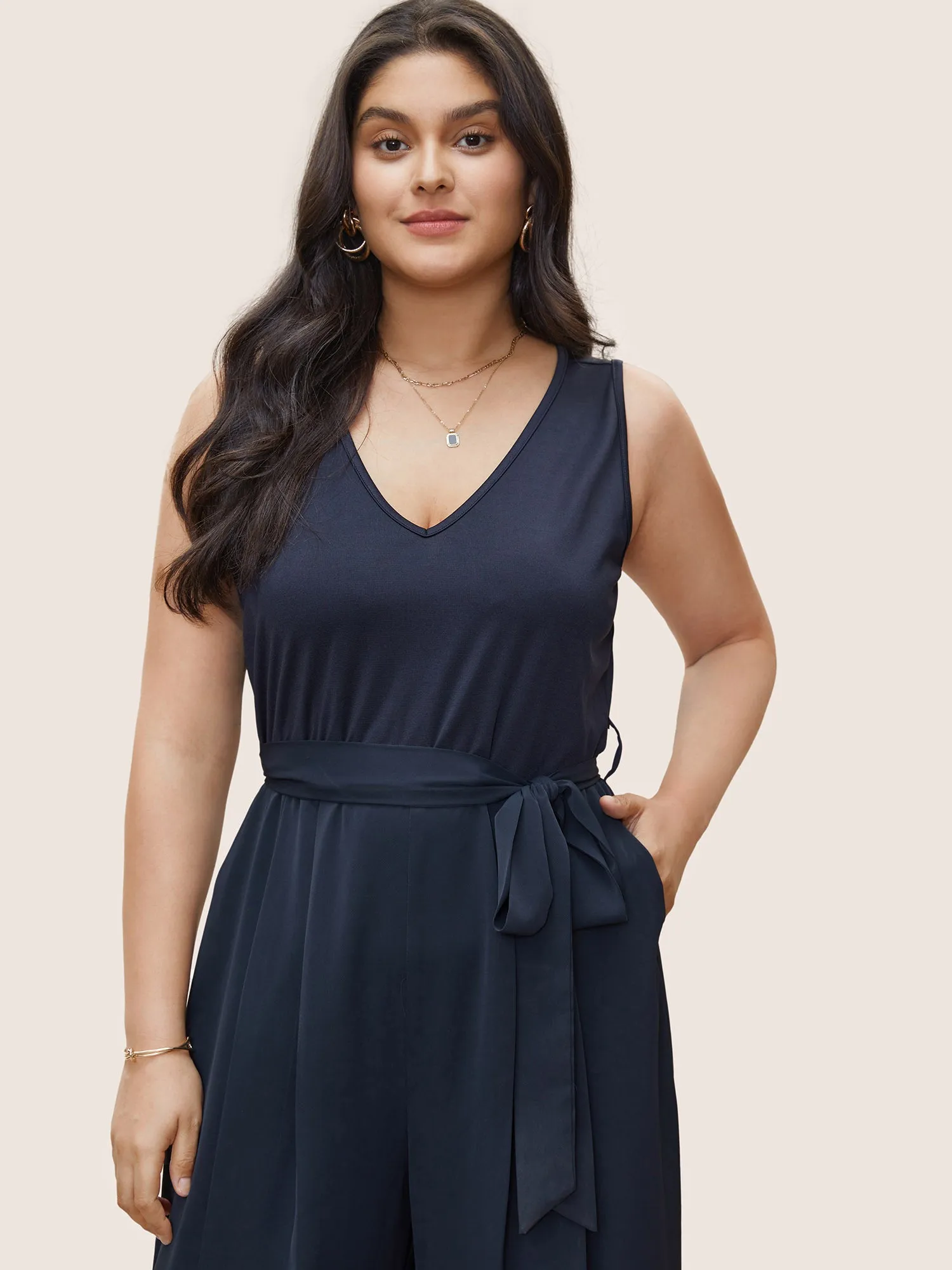 Anti-Wrinkle Patchwork Pleated Detail Tank Jumpsuit sold by Bloomchic product image thumbnail 4