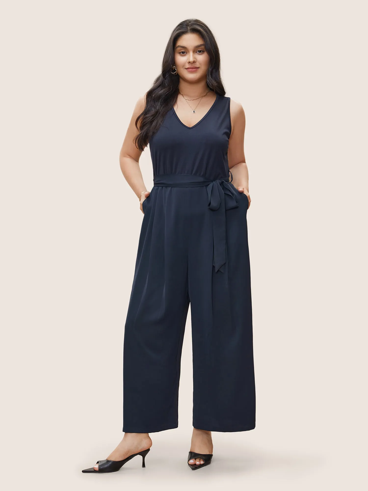 Anti-Wrinkle Patchwork Pleated Detail Tank Jumpsuit sold by Bloomchic