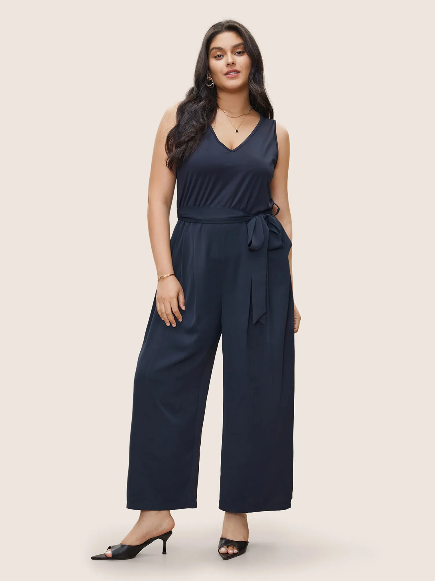 Anti-Wrinkle Patchwork Pleated Detail Tank Jumpsuit sold by Bloomchic product image thumbnail 2