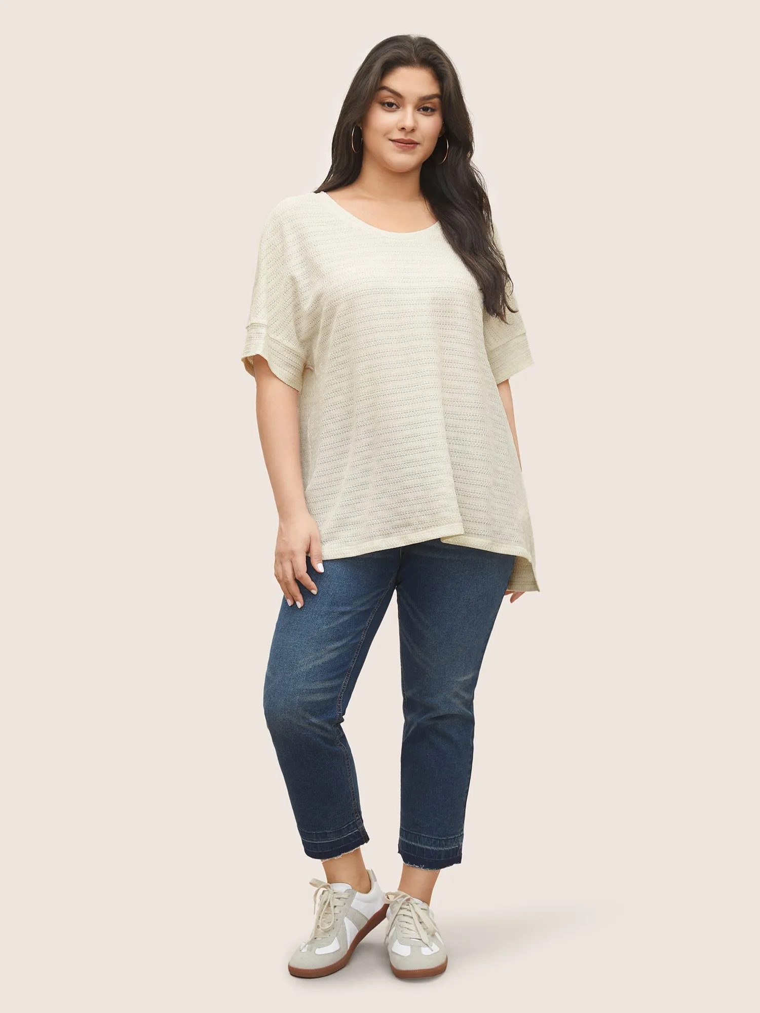 Solid Textured Crew Neck Batwing Sleeve T-shirt sold by Bloomchic product image thumbnail 3