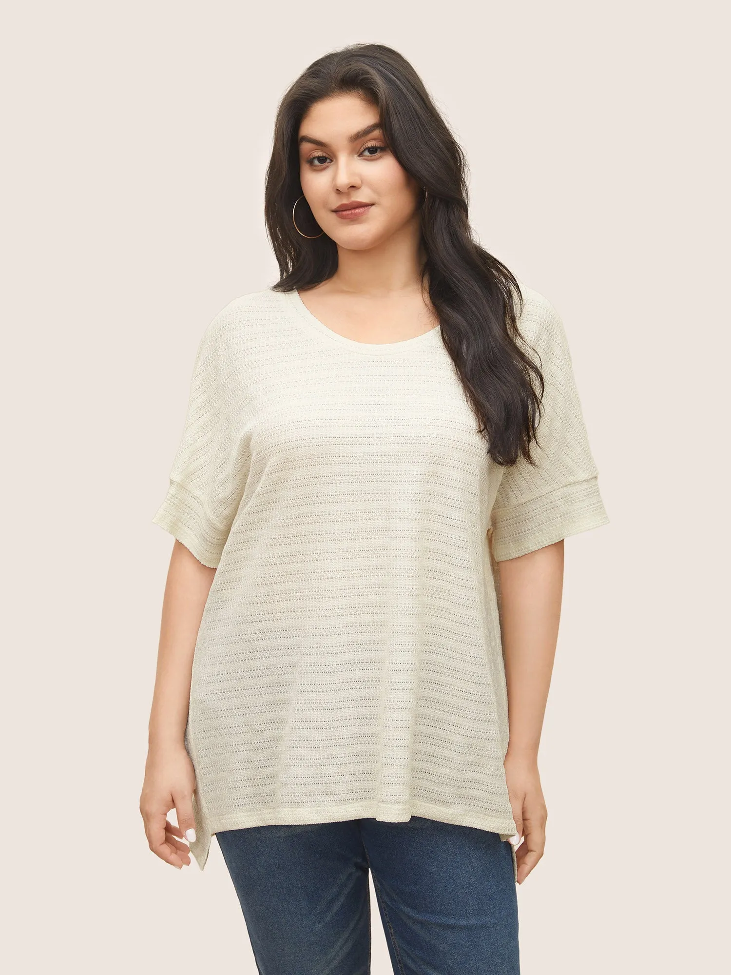 Solid Textured Crew Neck Batwing Sleeve T-shirt sold by Bloomchic