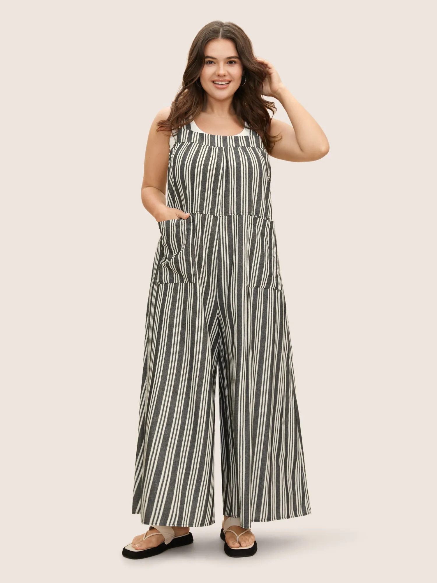 Cotton Striped Patched Pocket Loose Jumpsuit sold by Bloomchic