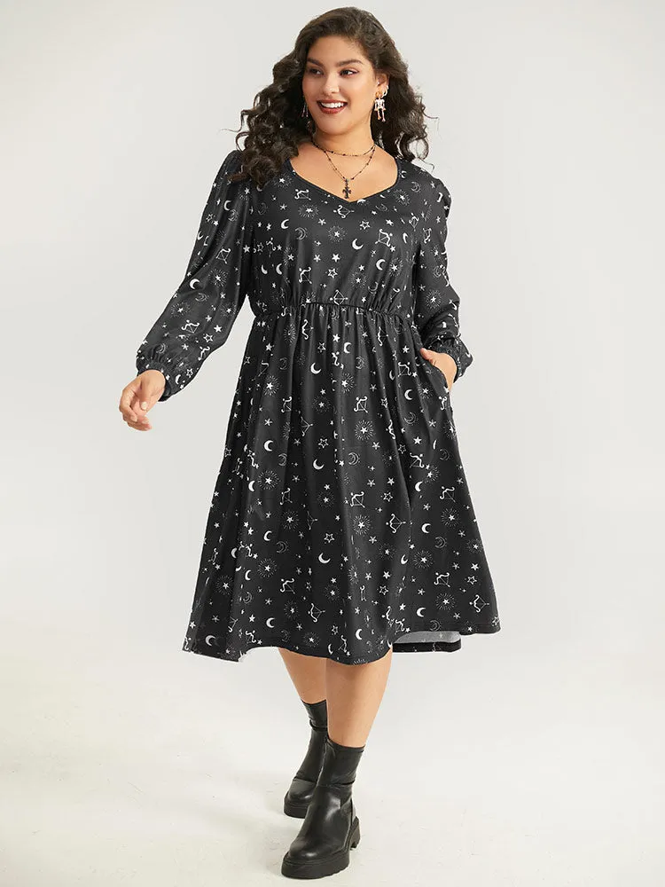 Halloween Moon & Star Print Elastic Waist Lantern Sleeve Dress sold by Bloomchic product image thumbnail 4