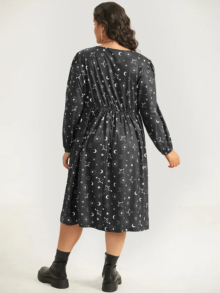 Halloween Moon & Star Print Elastic Waist Lantern Sleeve Dress sold by Bloomchic product image thumbnail 2