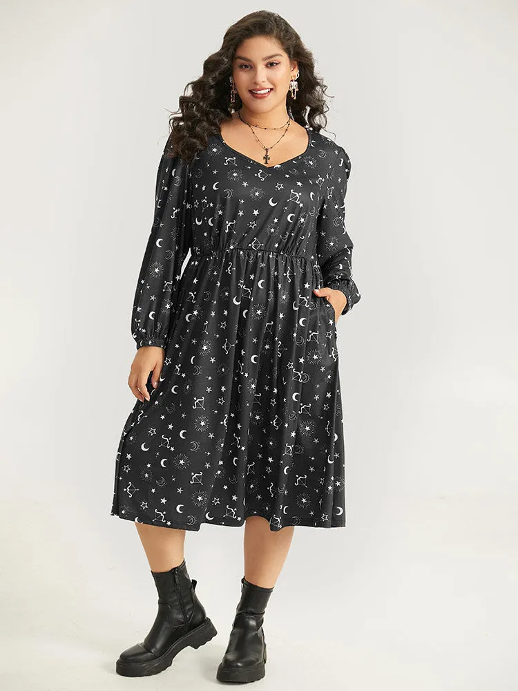 Halloween Moon & Star Print Elastic Waist Lantern Sleeve Dress sold by Bloomchic product image thumbnail 5