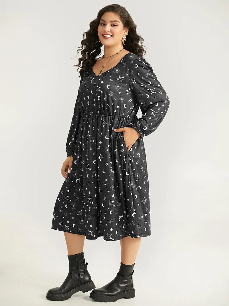 Halloween Moon & Star Print Elastic Waist Lantern Sleeve Dress sold by Bloomchic product image thumbnail 3