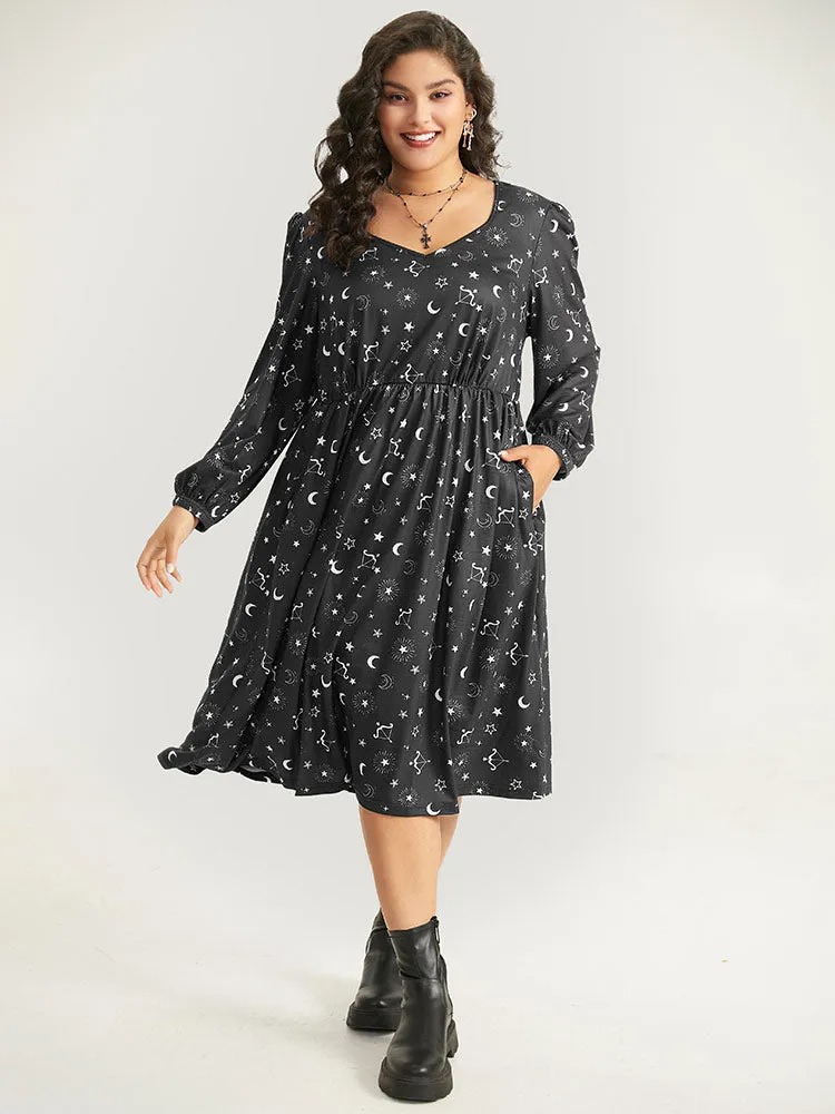 Halloween Moon & Star Print Elastic Waist Lantern Sleeve Dress sold by Bloomchic
