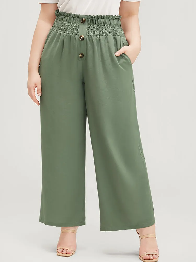 Solid Shirred Waist Button Detail Pocket Pants sold by Bloomchic