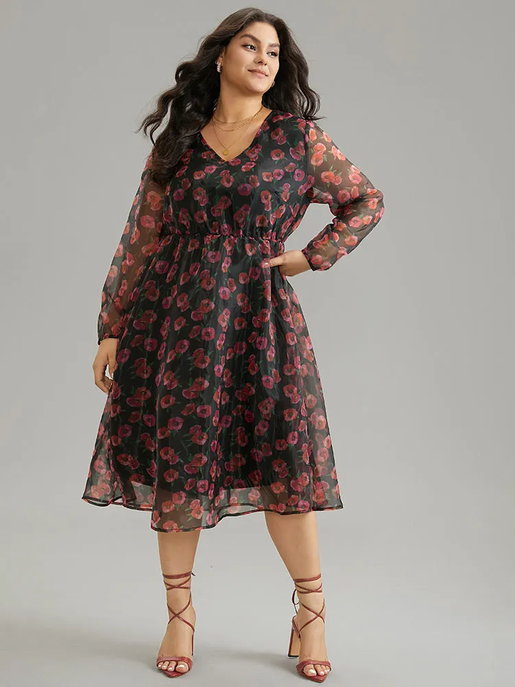 Floral Mesh Elastic Waist Lantern Sleeve Dress sold by Bloomchic product image thumbnail 3