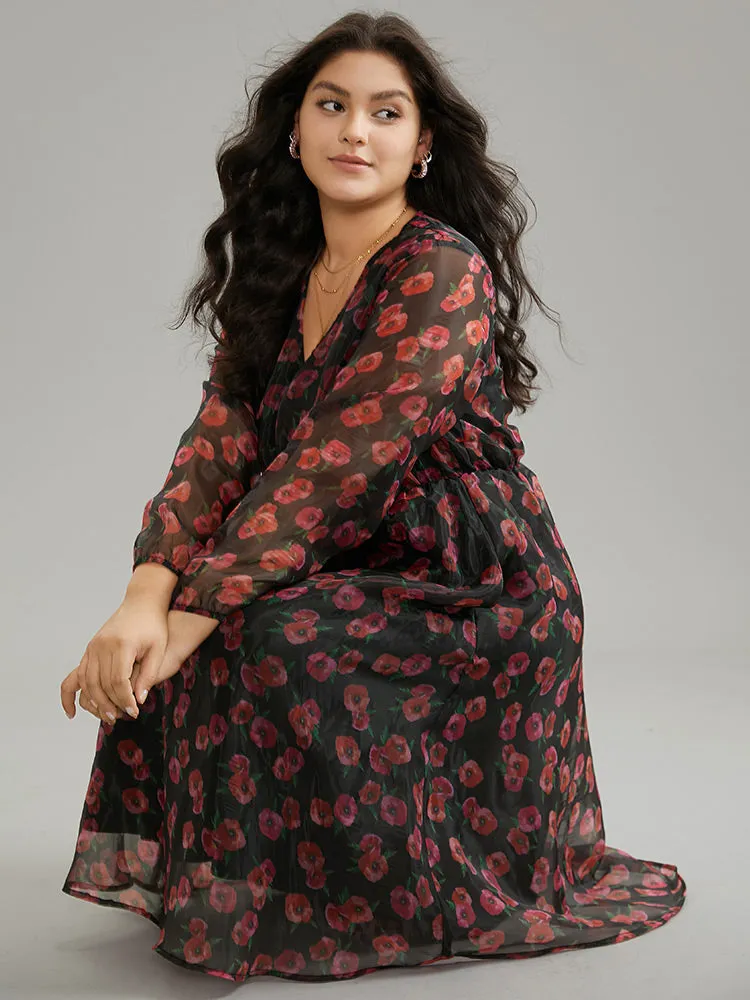 Floral Mesh Elastic Waist Lantern Sleeve Dress sold by Bloomchic product image thumbnail 4