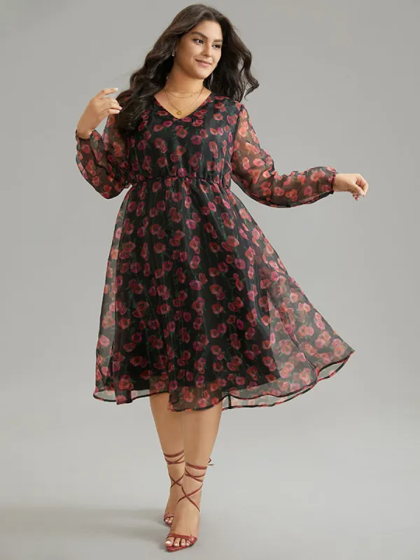 Floral Mesh Elastic Waist Lantern Sleeve Dress sold by Bloomchic