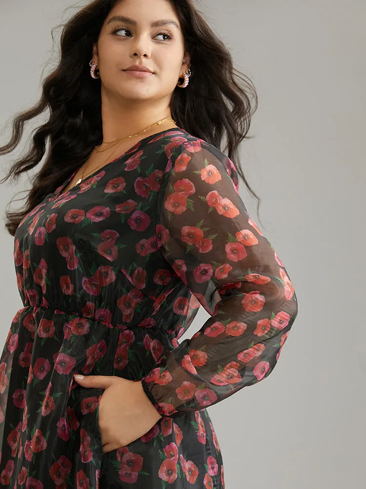 Floral Mesh Elastic Waist Lantern Sleeve Dress sold by Bloomchic product image thumbnail 5