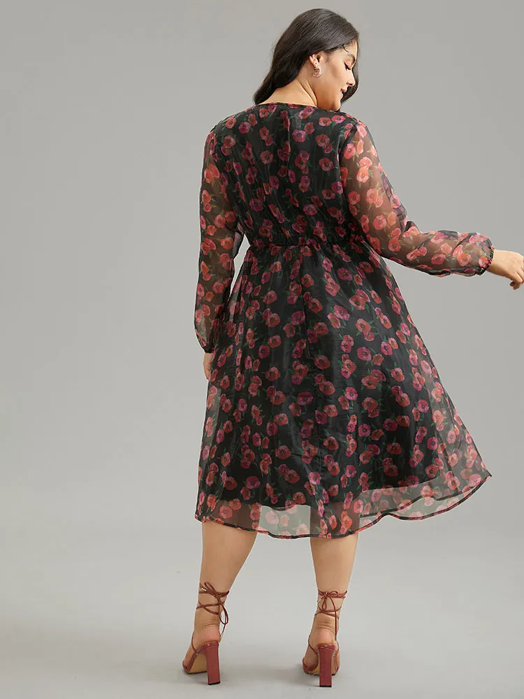 Floral Mesh Elastic Waist Lantern Sleeve Dress sold by Bloomchic product image thumbnail 2