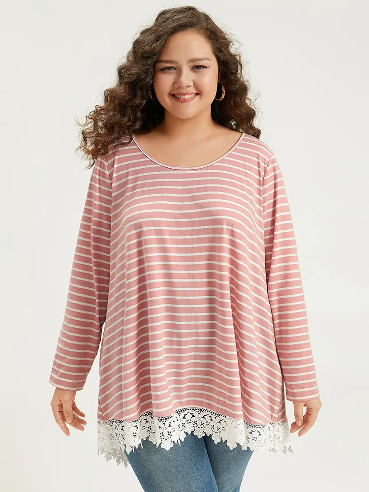 Striped Guipure Lace Crew Neck T-shirt sold by Bloomchic