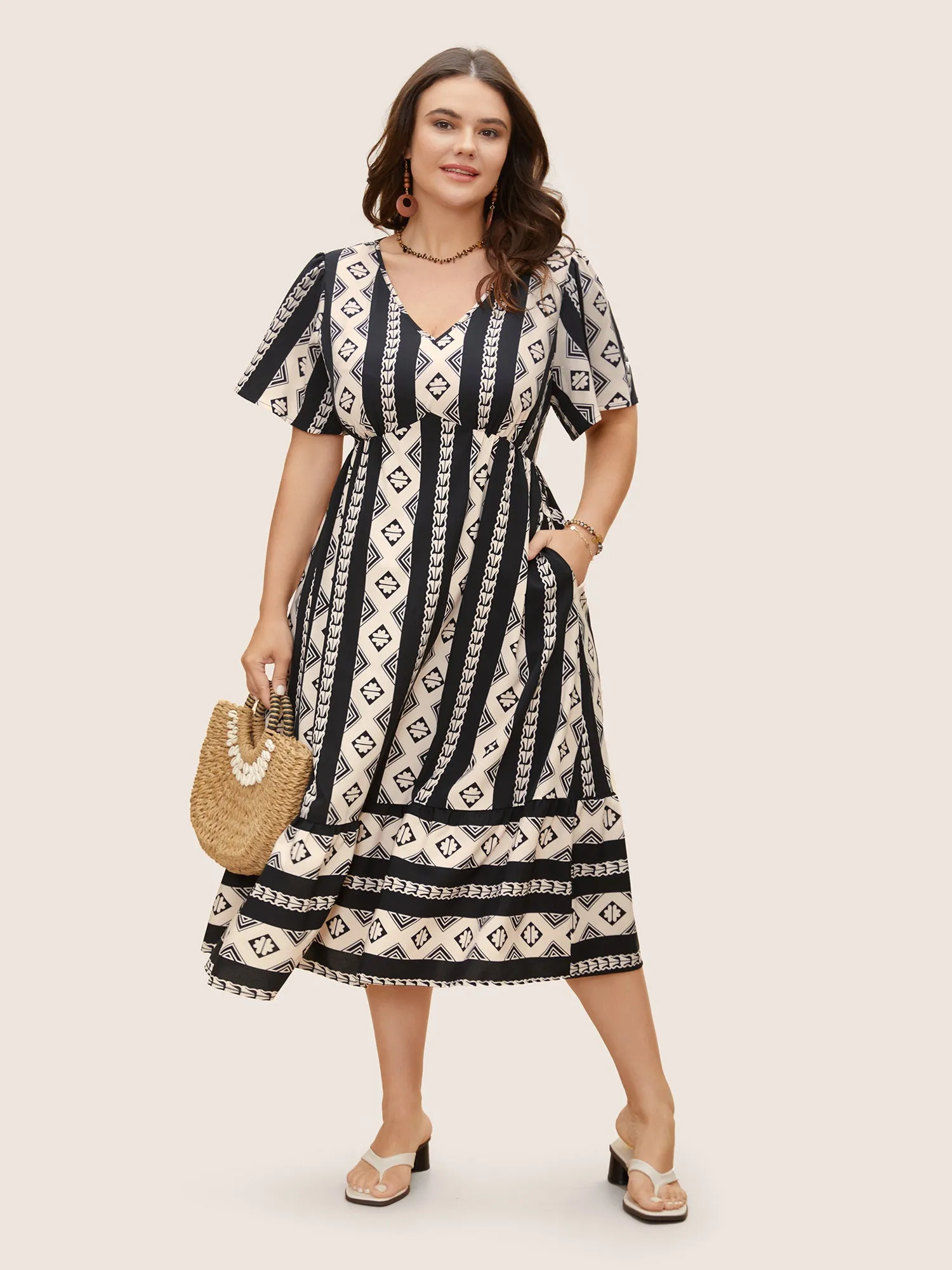 Bandana Geometric Flutter Sleeve Midi Dress sold by Bloomchic product image thumbnail 3
