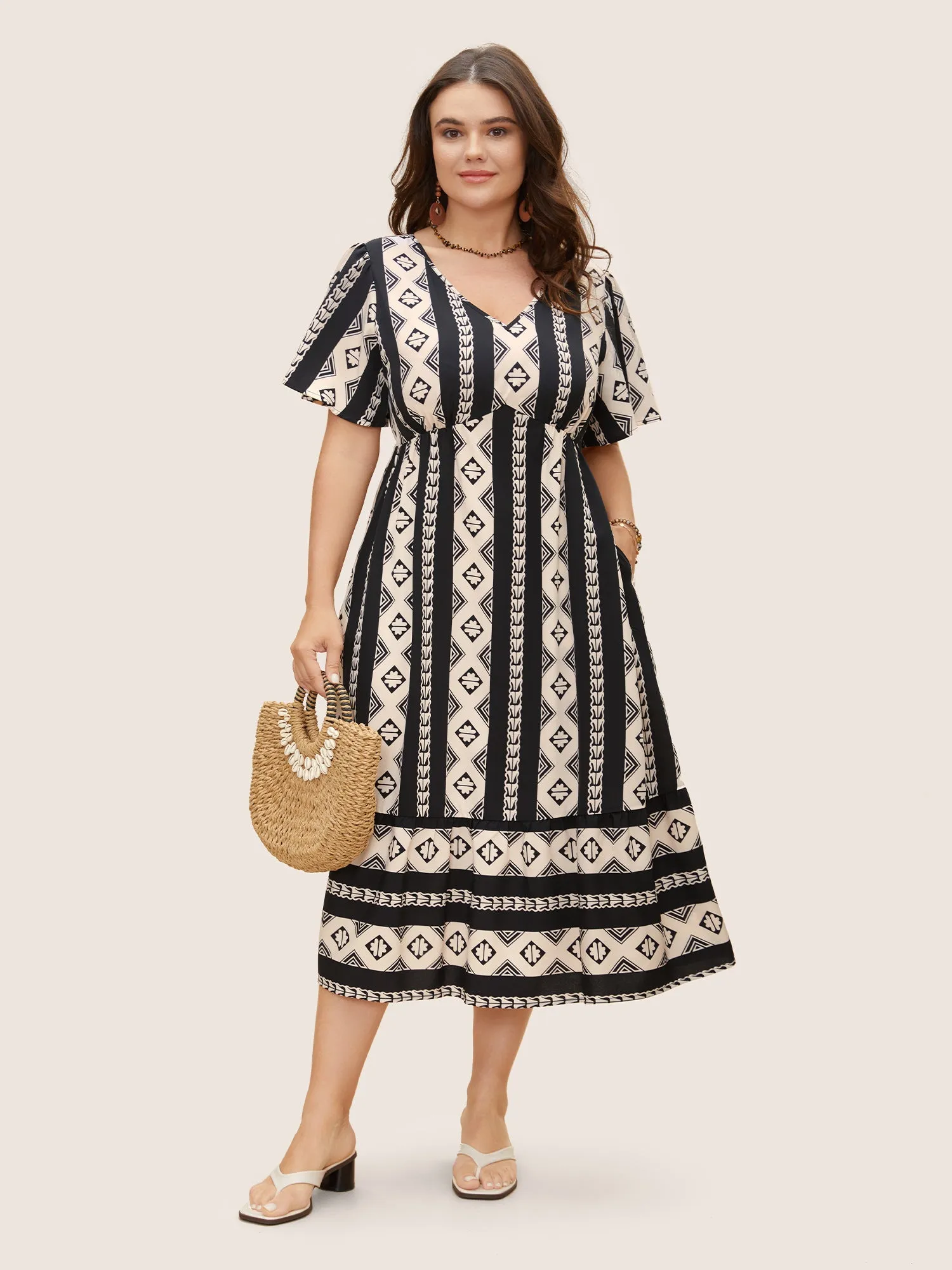 Bandana Geometric Flutter Sleeve Midi Dress sold by Bloomchic