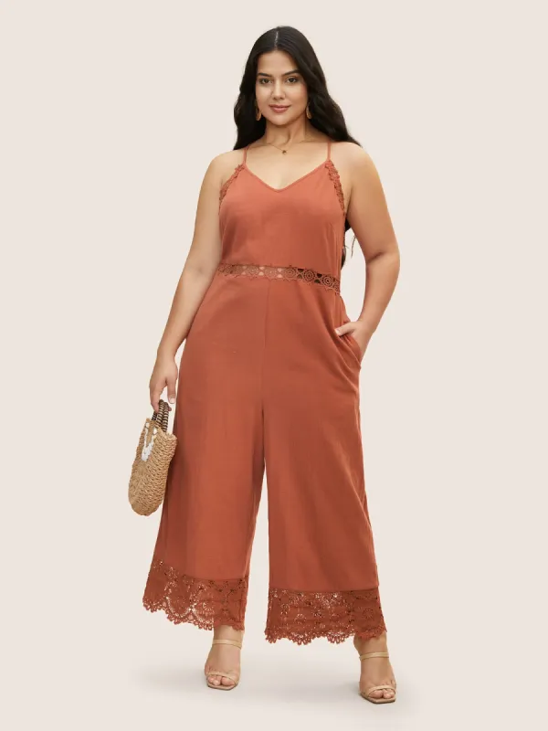 Cotton Plain Cut Out Lace Panel Jumpsuit sold by Bloomchic