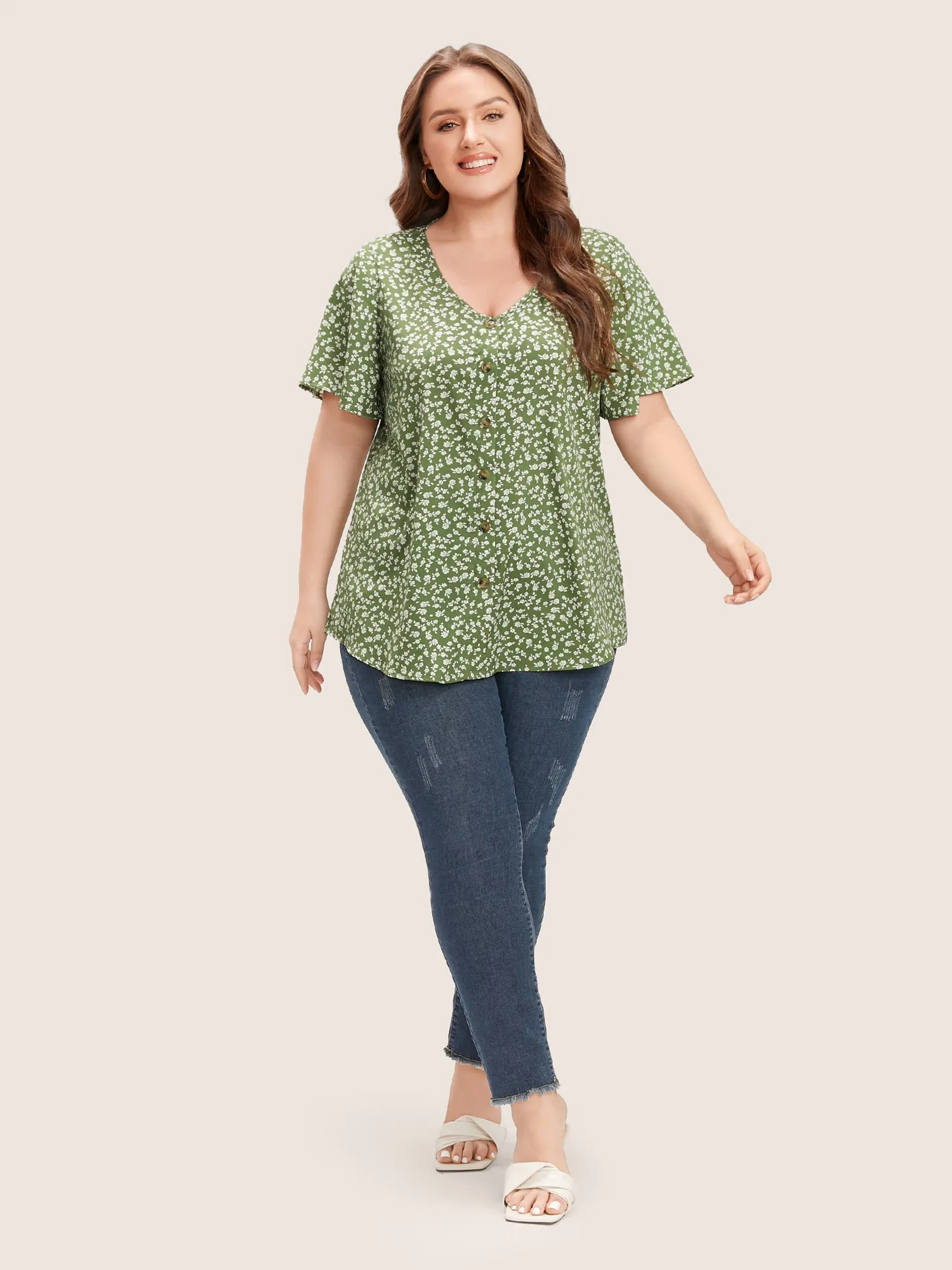 Ditsy Floral Ruffle Sleeve Button Detail Blouse sold by Bloomchic product image thumbnail 4