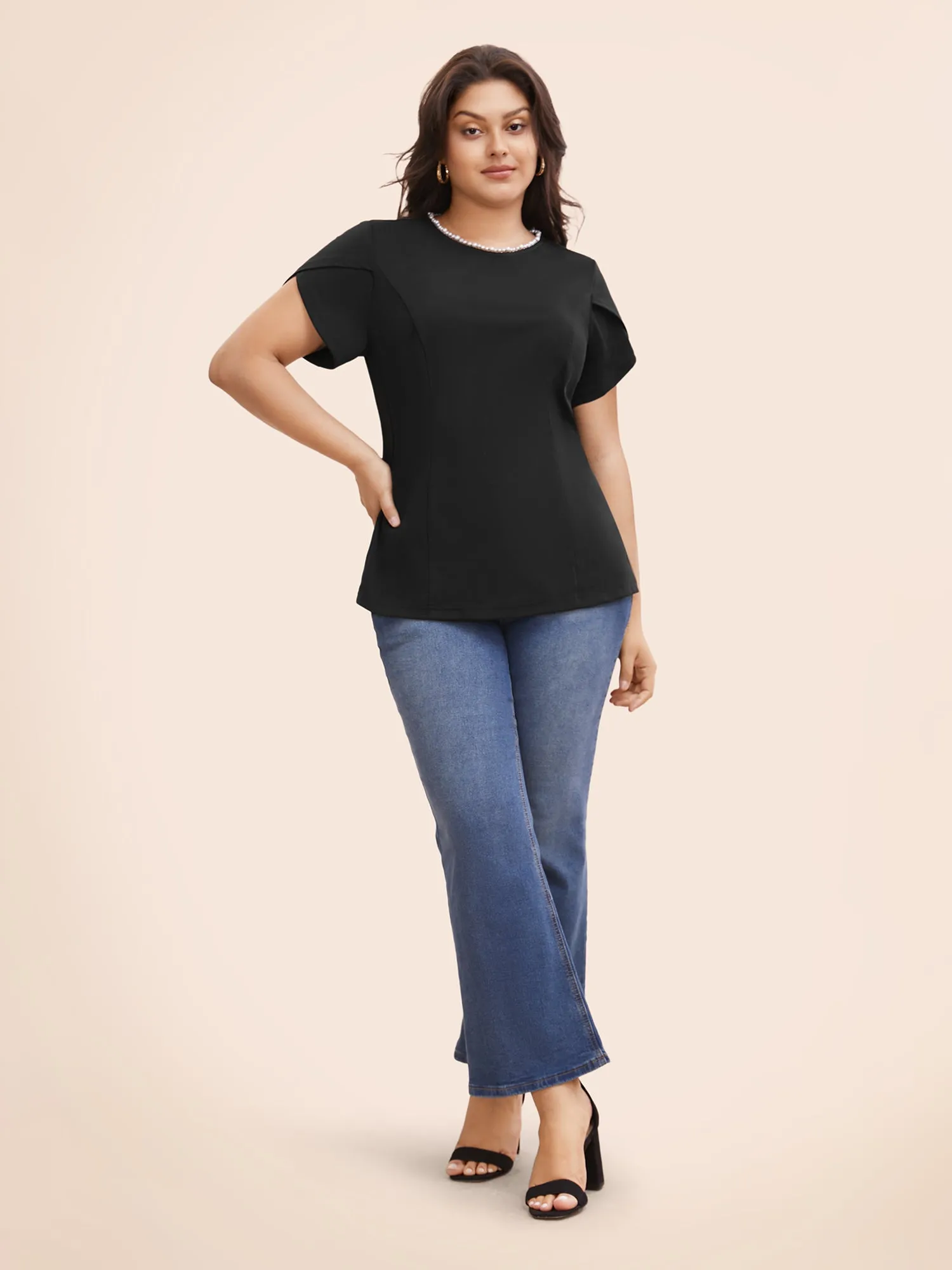 Pearl Beaded Petal Sleeve Stretch Blouse sold by Bloomchic product image thumbnail 2