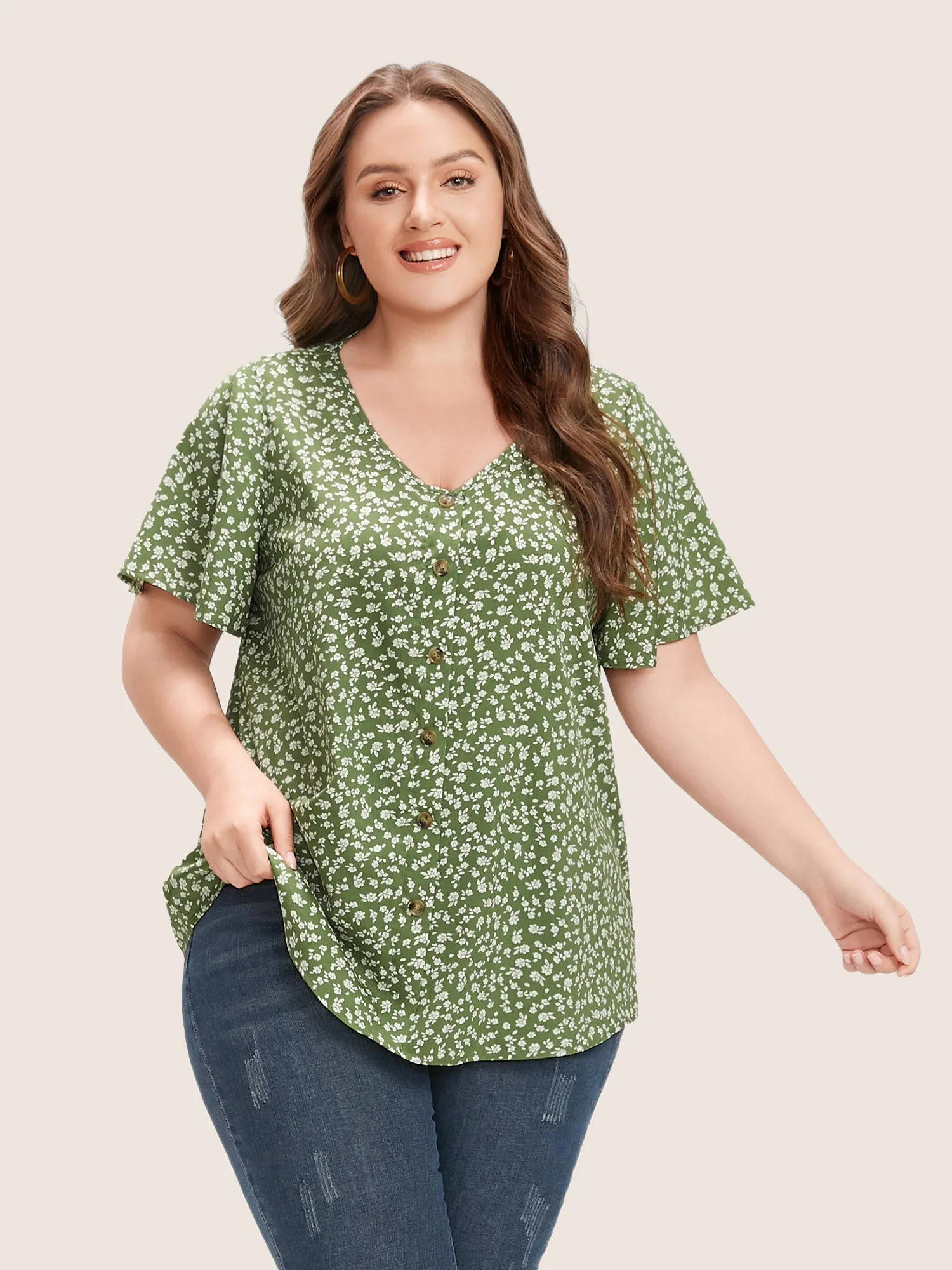 Ditsy Floral Ruffle Sleeve Button Detail Blouse sold by Bloomchic