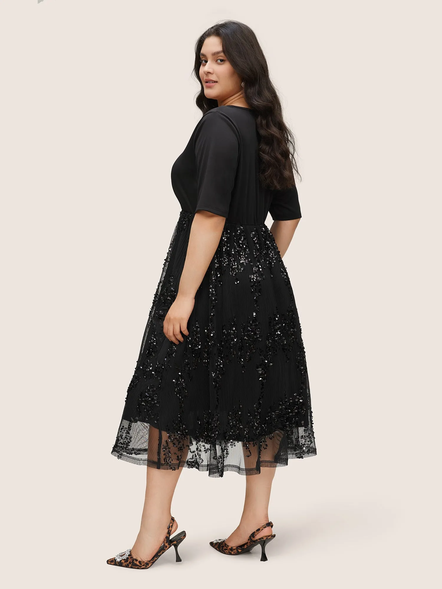 Sequin Mesh Patchwork Square Neck Elastic Waist Dress sold by Bloomchic product image thumbnail 2