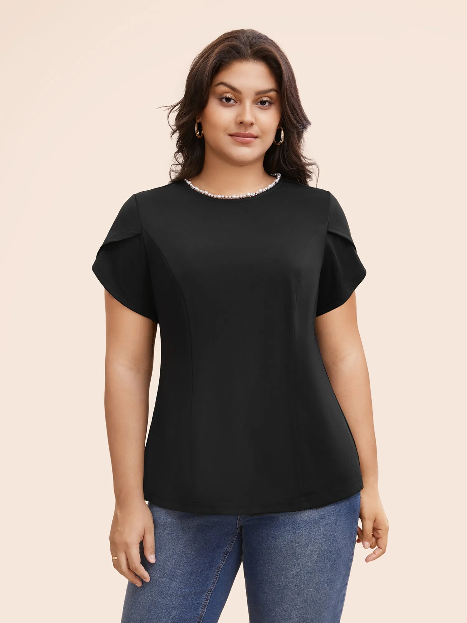 Pearl Beaded Petal Sleeve Stretch Blouse sold by Bloomchic