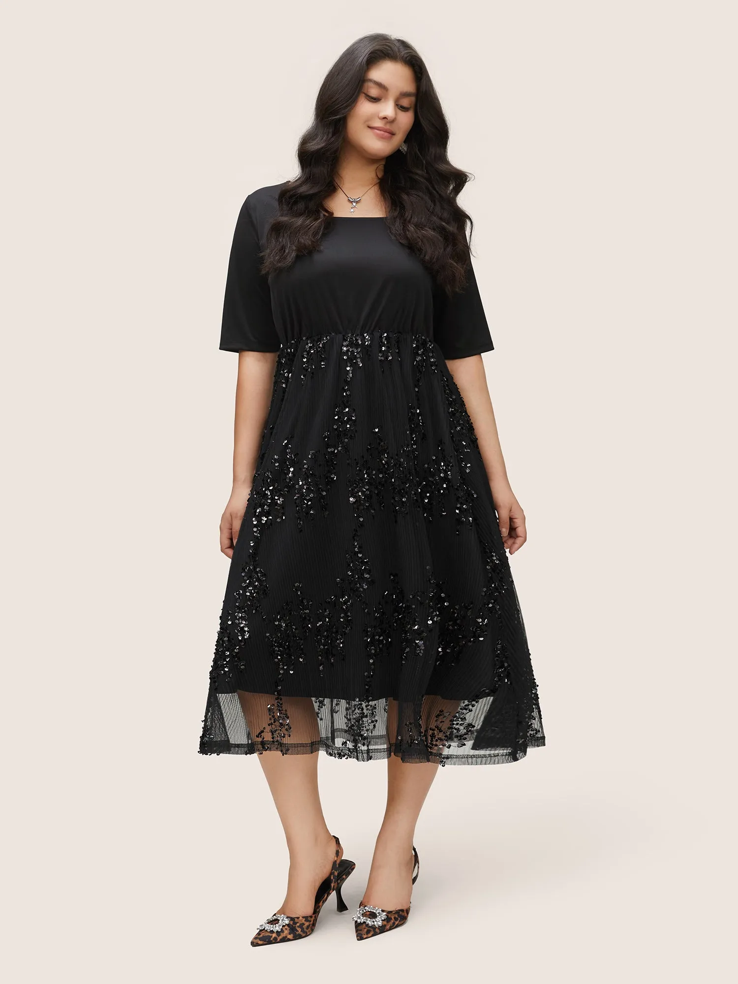 Sequin Mesh Patchwork Square Neck Elastic Waist Dress sold by Bloomchic product image thumbnail 3