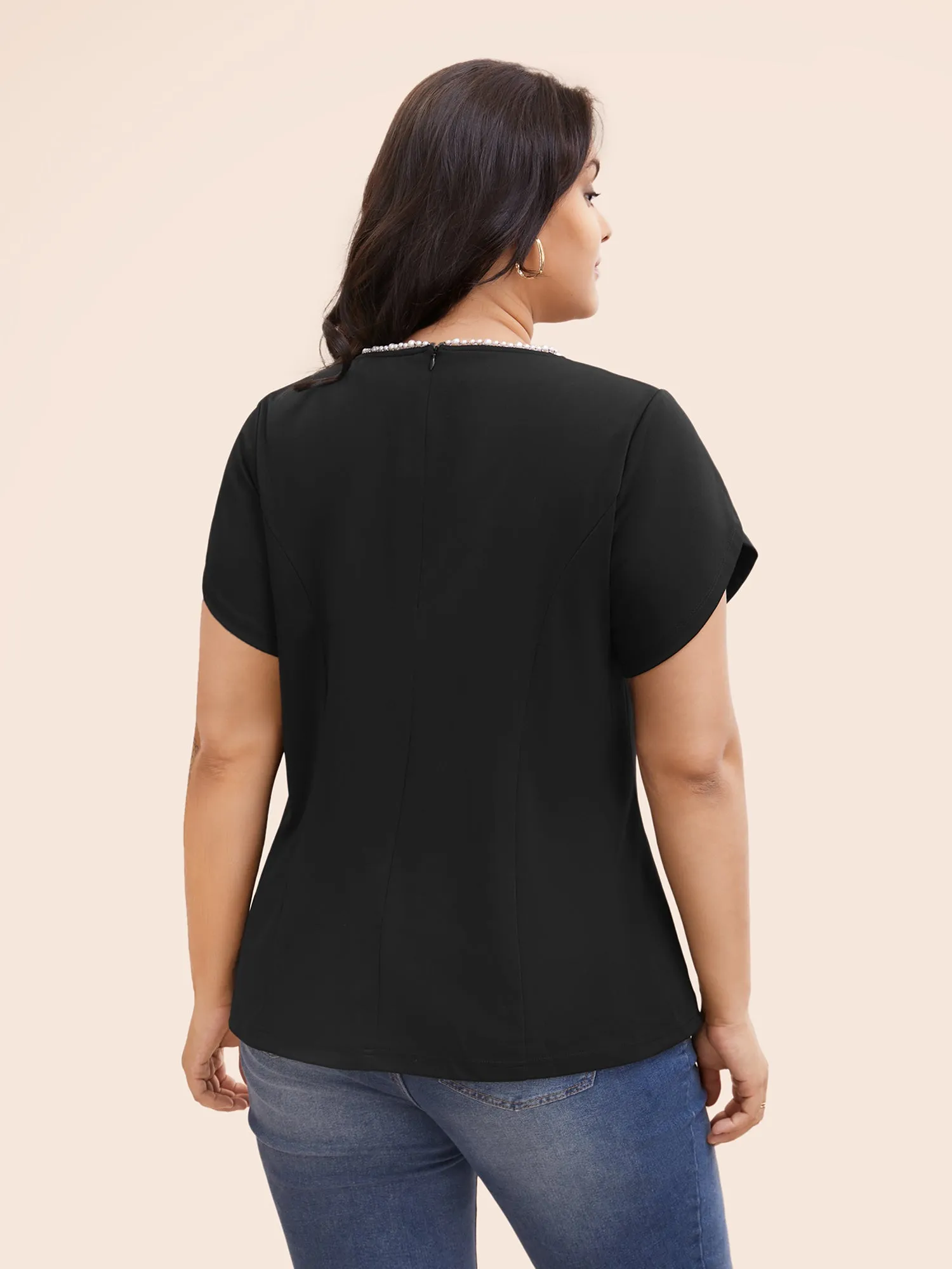 Pearl Beaded Petal Sleeve Stretch Blouse sold by Bloomchic product image thumbnail 4