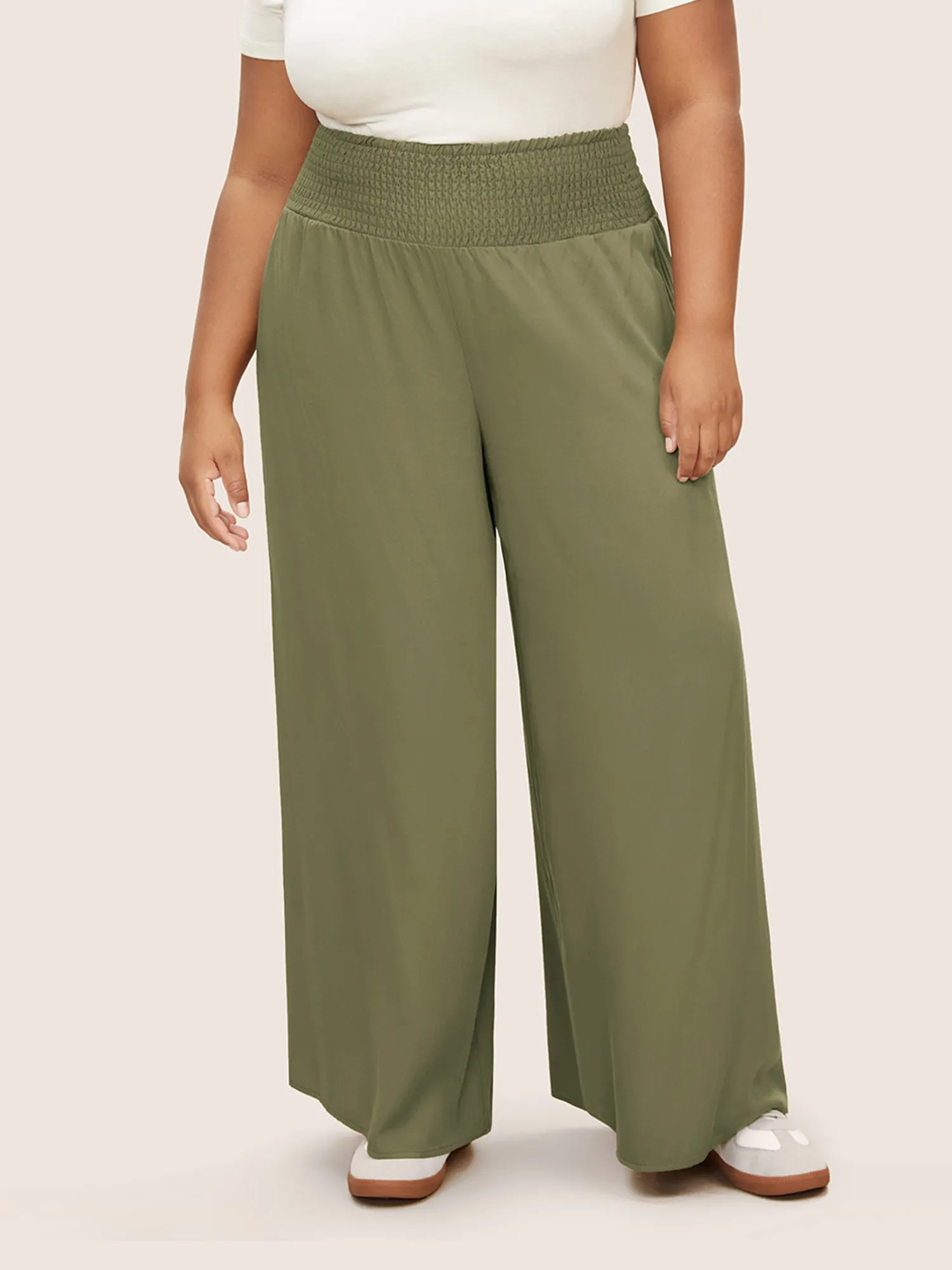 Rayon Shirred Wideband Waist Wide Leg Pants sold by Bloomchic