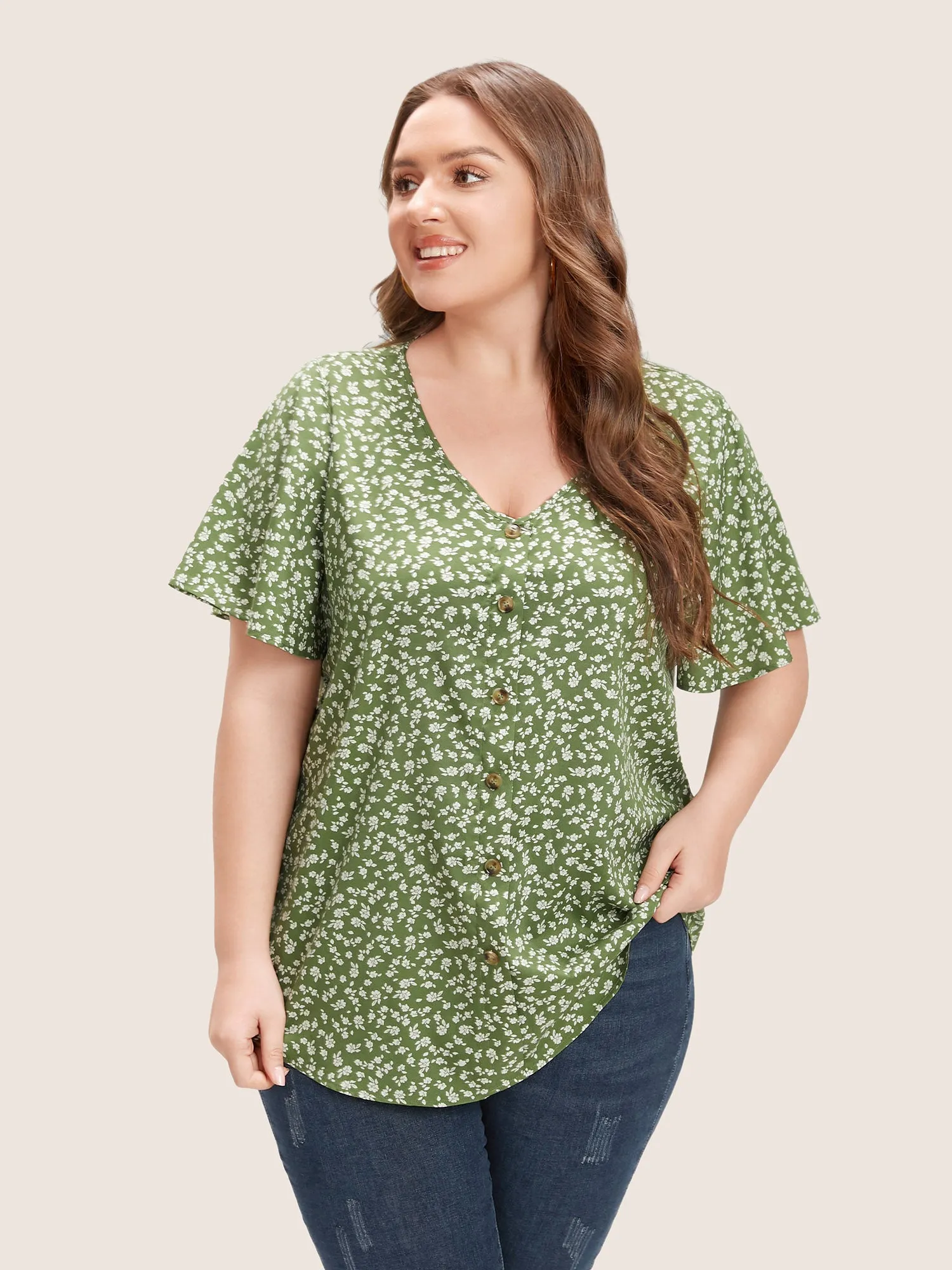 Ditsy Floral Ruffle Sleeve Button Detail Blouse sold by Bloomchic product image thumbnail 3