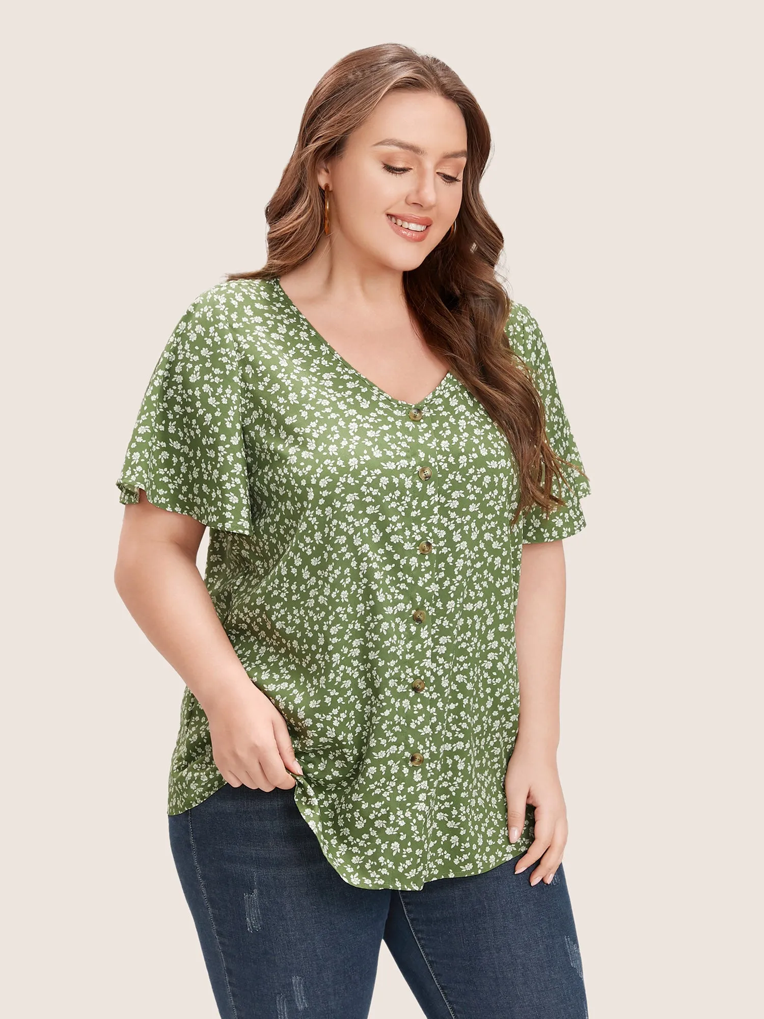 Ditsy Floral Ruffle Sleeve Button Detail Blouse sold by Bloomchic product image thumbnail 2