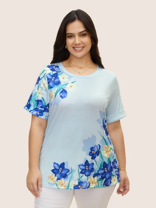 Crew Neck Natural Flowers Print T-shirt sold by Bloomchic